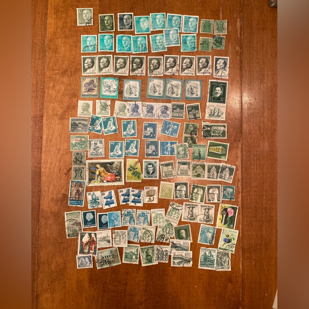 Vintage international  Postal Stamps - over 100 postmarked. Green tones #3